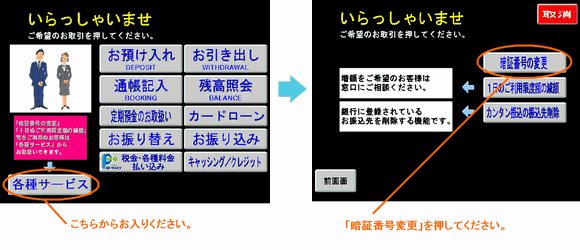 キャッシュカード暗証番号変更サービスATM画面