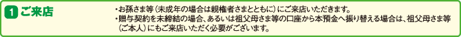 (1)ご来店 ・お孫さま等(未成年の場合は親権者さまとともに)にご来店いただきます。 ・贈与契約を未締結の場合、あるいは祖父母さま等の口座から本預金へ振り替える場合は、祖父母さま等(ご本人)にもご来店いただく必要がございます。