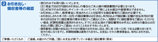 (2)お引き出し・領収書等の確認・窓口のみでお取り扱いいたします・お引き出しに伴い、教育資金に充当されたことを証明する領収書等のご提出が必要です。・お引き出しされた年の領収書等はお引き出し年月日および領収書に記載の支払年月日の翌年の3月15日までに領収書等の原本を窓口へご提出ください。期限までに領収書等をご提出いただけない場合、非課税措置は適用されません。すでにお支払済みで領収書等をお手元にお持ちの場合はお引き出しの際に窓口へご提出いただくことをおすすめいたします。