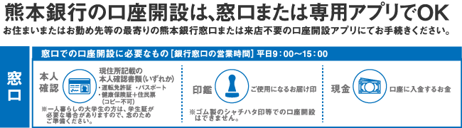 熊本銀行の口座開設は、窓口または専用アプリでOK