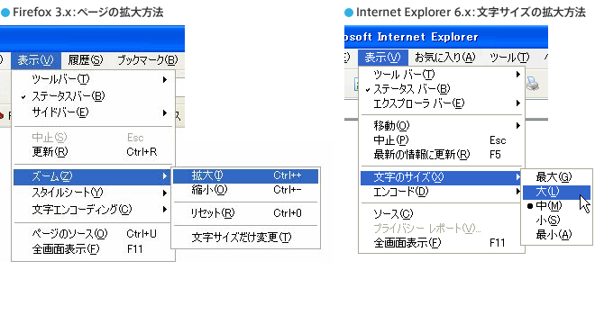 Firefox 3.x:ページの拡大方法/Internet Explorer 6.x:文字サイズの拡大方法