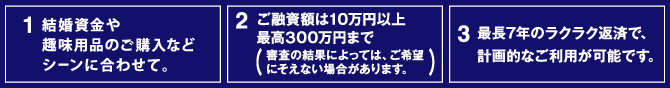 目的別ローン3つのポイント！  1.結婚資金や趣味用品のご購入などシーンに合わせて。 2.ご融資額は10万円以上最高300万円まで（審査の結果によっては、ご希望にそえない場合があります。） 3.最長7年のラクラク返済で、計画的なご利用が可能です。