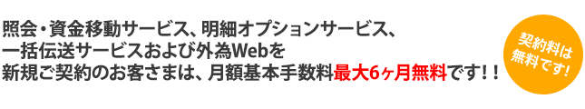 照会・資金移動サービス、明細オプションサービス、一括伝送サービスおよび外為Webを新規ご契約のお客さまは、月額基本手数料最大6ヶ月無料です！！（契約料は無料です！）