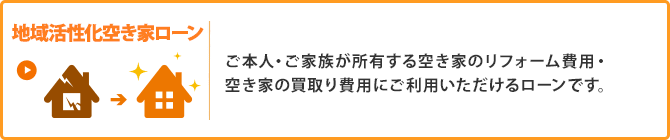 ＜地域活性化空き家ローン＞ご本人・ご家族が所有する空き家のリフォーム費用・空き家の買取り費用にご利用いただけるローンです。