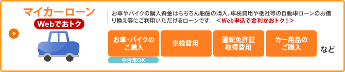 マイカーローン／お車やバイクの購入はもちろん船舶の購入、車検費用や他社等の自動車ローンのお借換え等にご利用いただけるローンです。＜Web申込で金利がおトク！＞