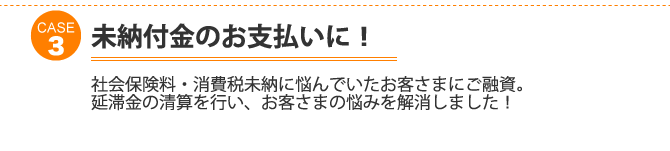 ケース3：未納付金のお支払いに！社会保険料・消費税未納に悩んでいたお客さまにご融資。延滞金の清算を行い、お客さまの悩みを解消しました！