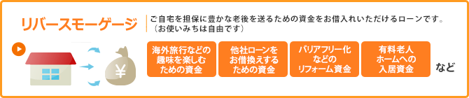 リバースモーゲージ／ご自宅を担保に豊かな老後を送るための資金をお借入れいただけるローンです。（お使いみちは自由です）