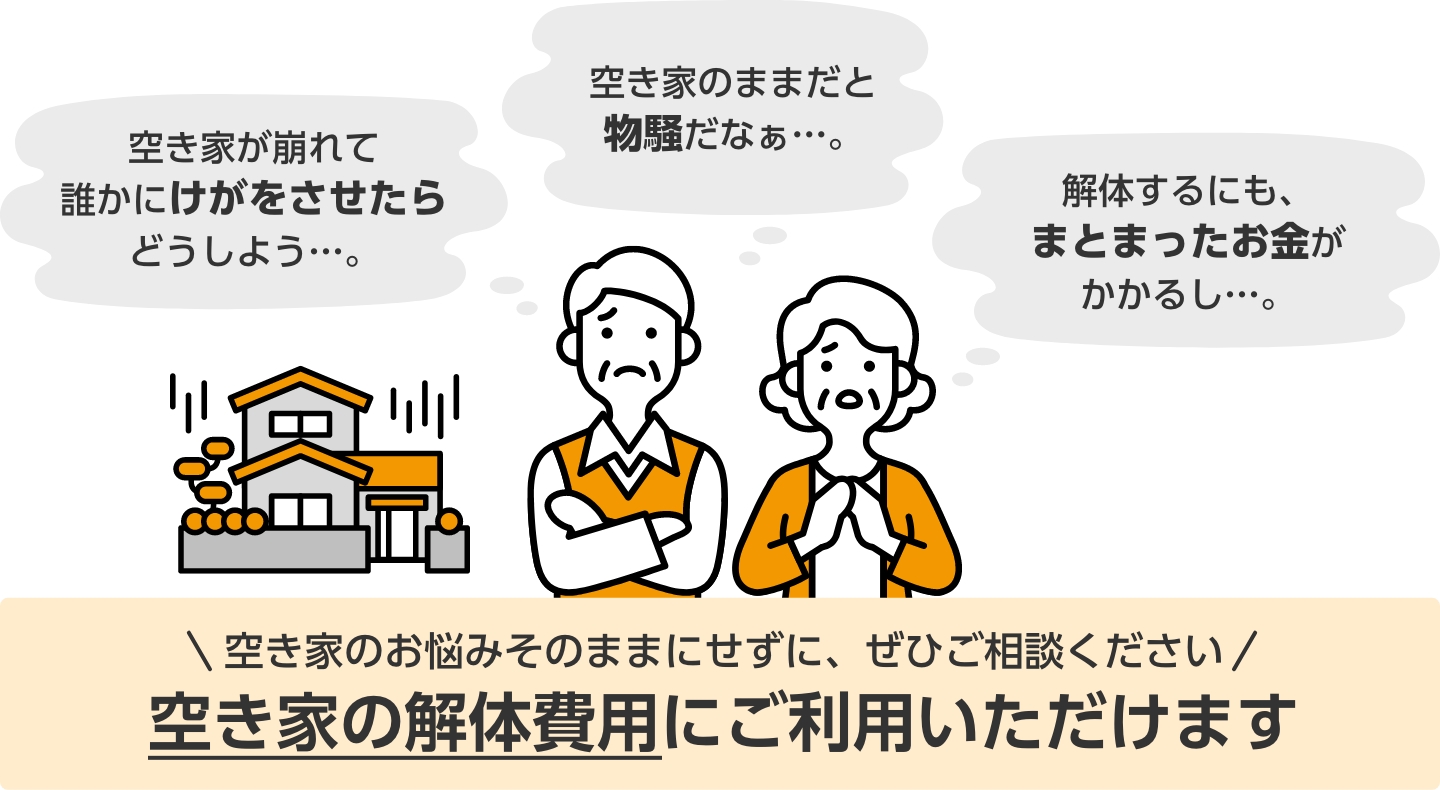 空き家のお悩みそのままにせずに、ぜひご相談ください 空き家の解体費用にご利用いただけます