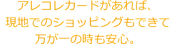 アレコレカードがあれば現地でのショッピングもできて万が一の時も安心。