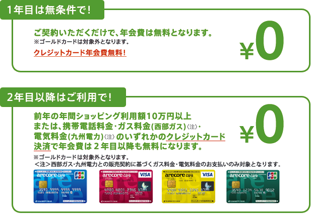 1年目は無条件で！ご契約いただくだけで、年会費は無料となります。※ゴールドカード、ヤングゴールドカードは対象外となります。クレジットカード年会費無料！2年目以降はご利用で！前年の年間ショッピング利用額10万円以上または、携帯電話料金のクレジットカード決済で年会費は2年目以降も無料になります。※ゴールドカード、ヤングゴールドカードは対象外となります。