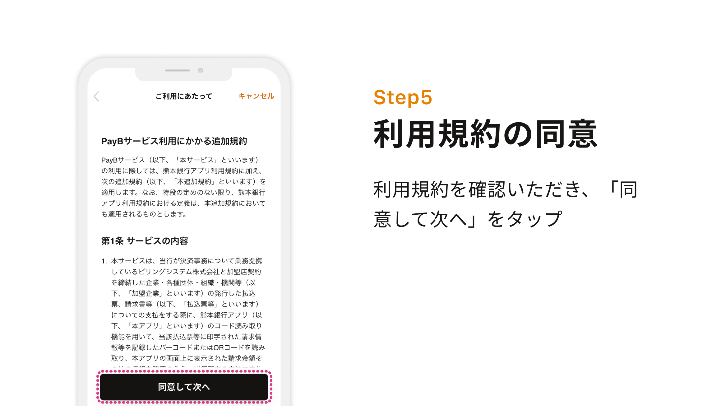 Step5 利用規約の同意 利用規約を確認いただき、「同意して次へ」をタップ