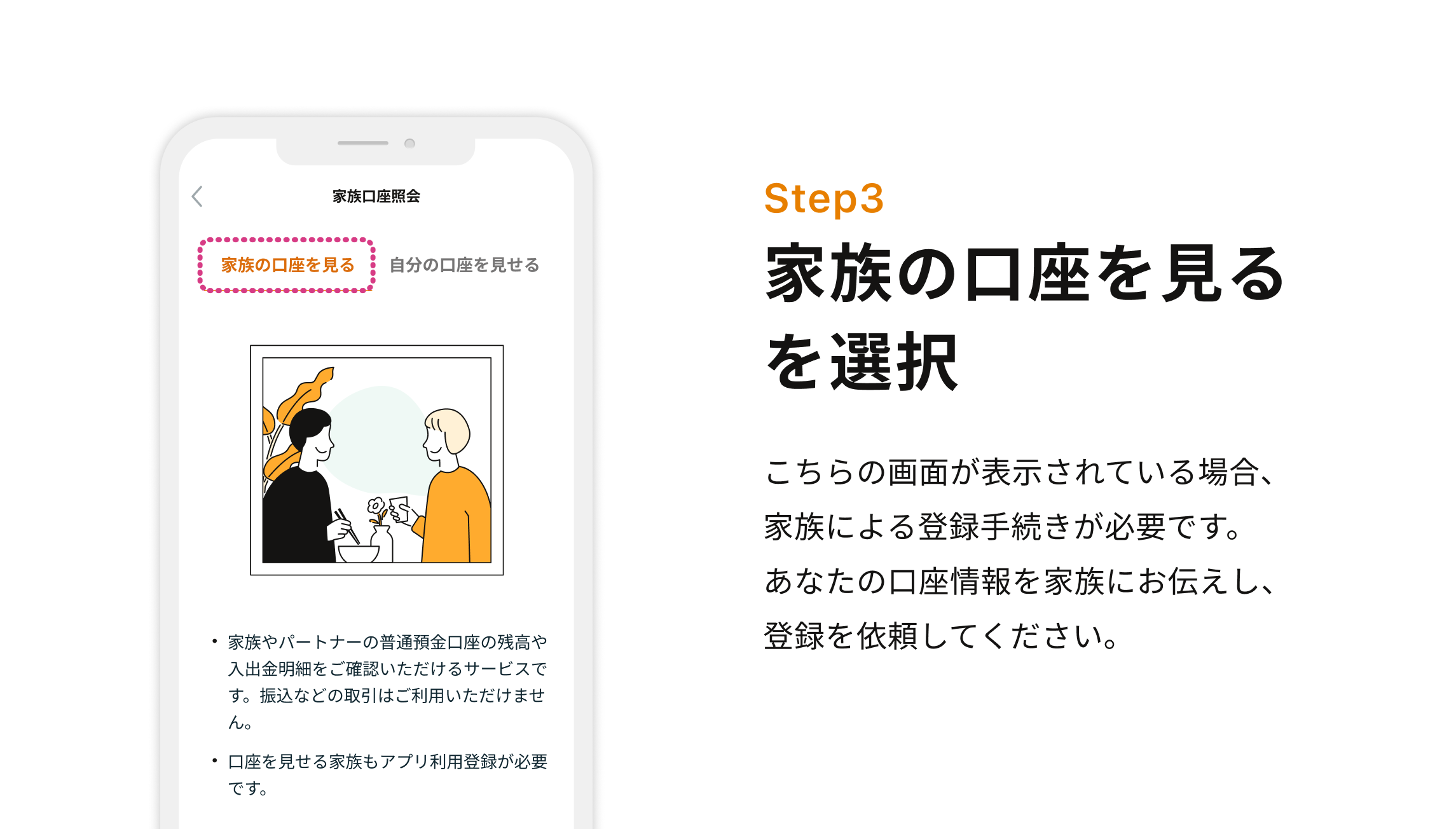 Step3 家族口座を見るを選択 こちらの画面が表示されている場合、家族による登録手続きが必要です。あなたの口座情報を家族にお伝えし、登録を依頼してください。