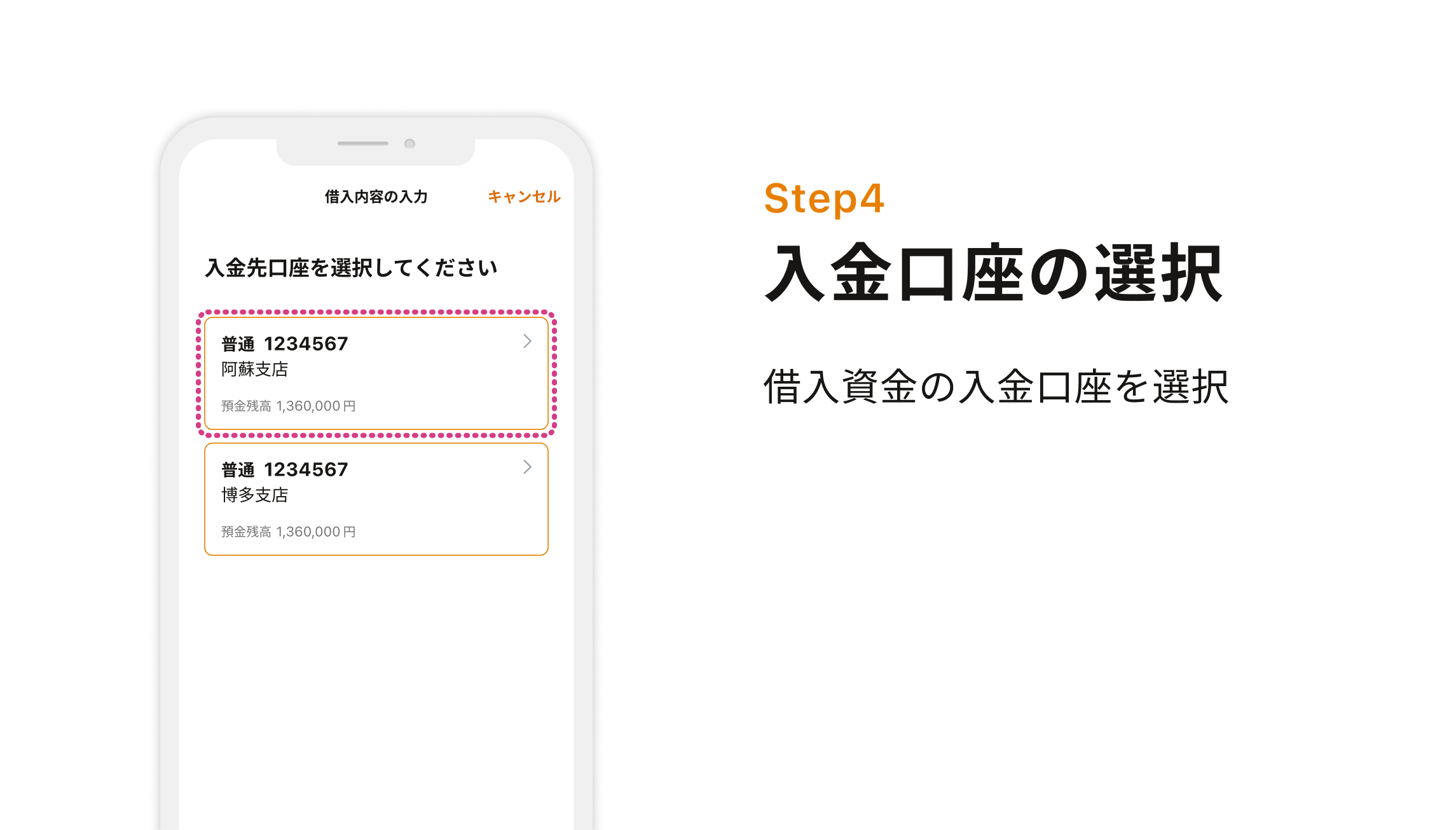 Step4 入金口座の選択 借入資金の入金口座を選択