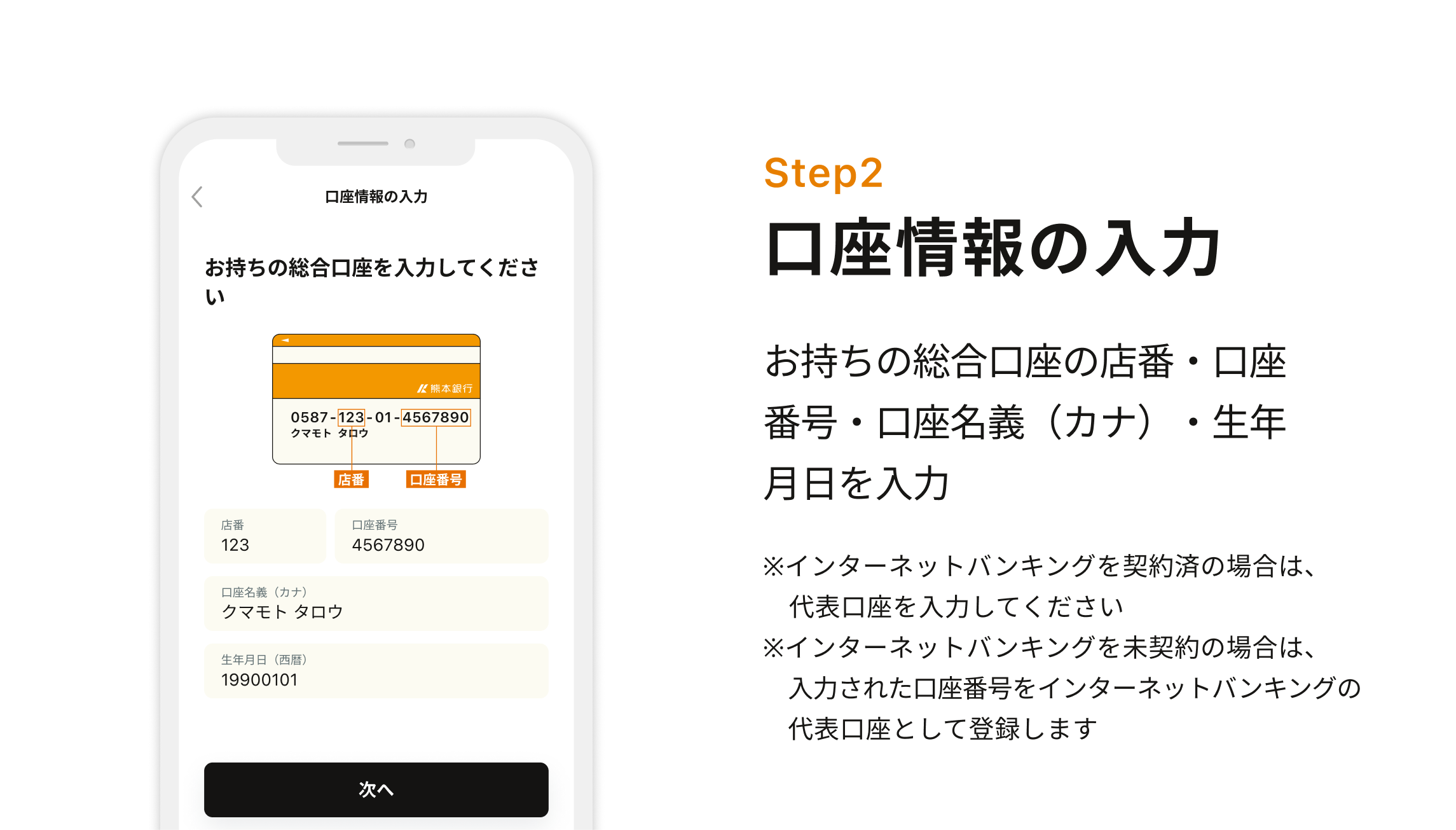 Step2 口座情報の入力　お持ちの総合口座の店番・口座番号・口座名義（カナ）・生年月日を入力