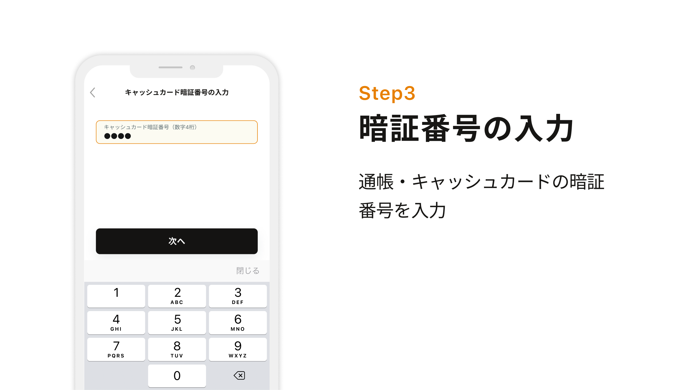 Step3 暗証番号の入力　通帳・キャッシュカードの暗証番号を入力
