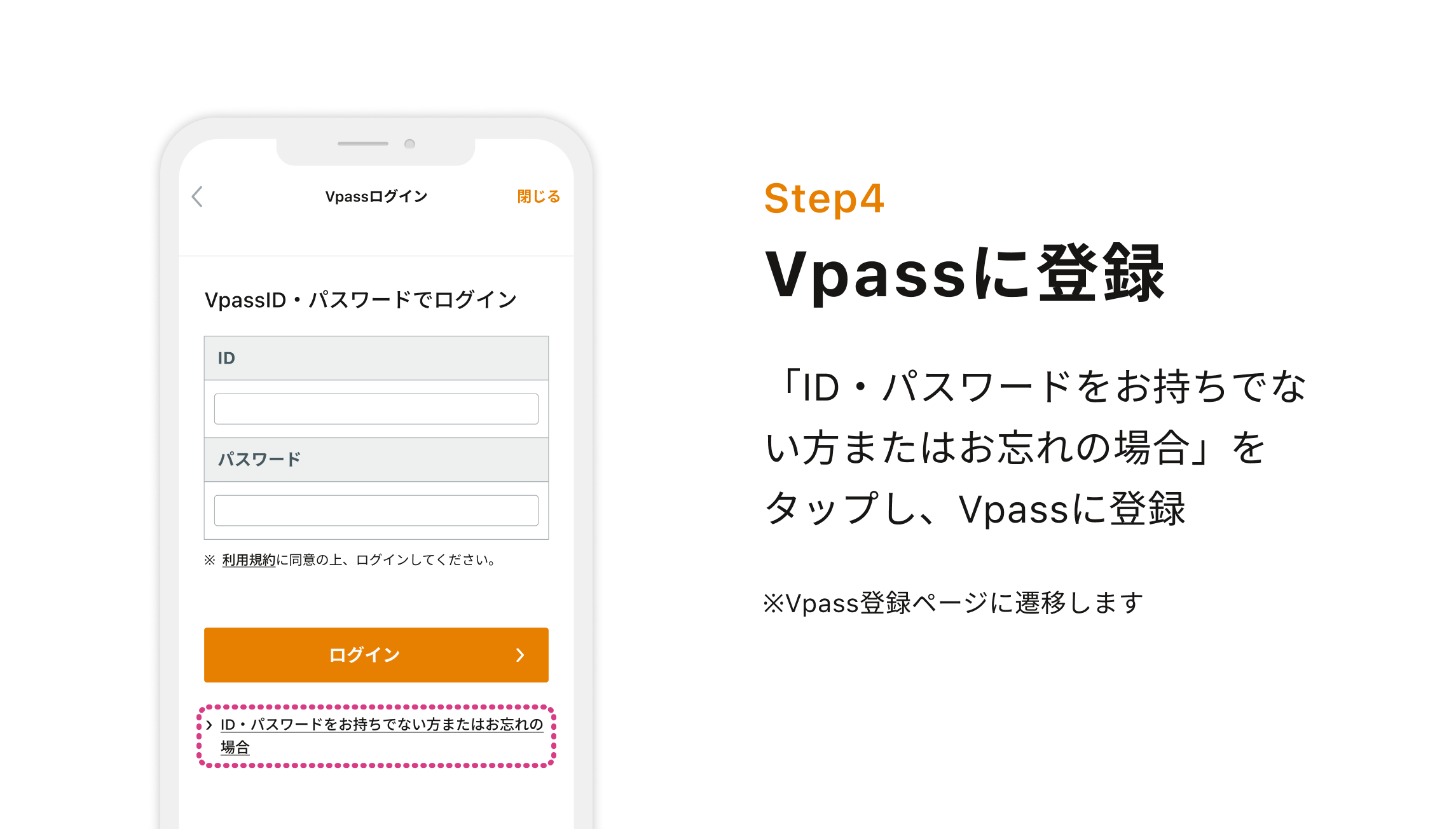 Step4 Vpassに登録 「ID・パスワードをお持ちでない方またはお忘れの場合」をタップし、Vpassに登録※Vpass登録ページに遷移します