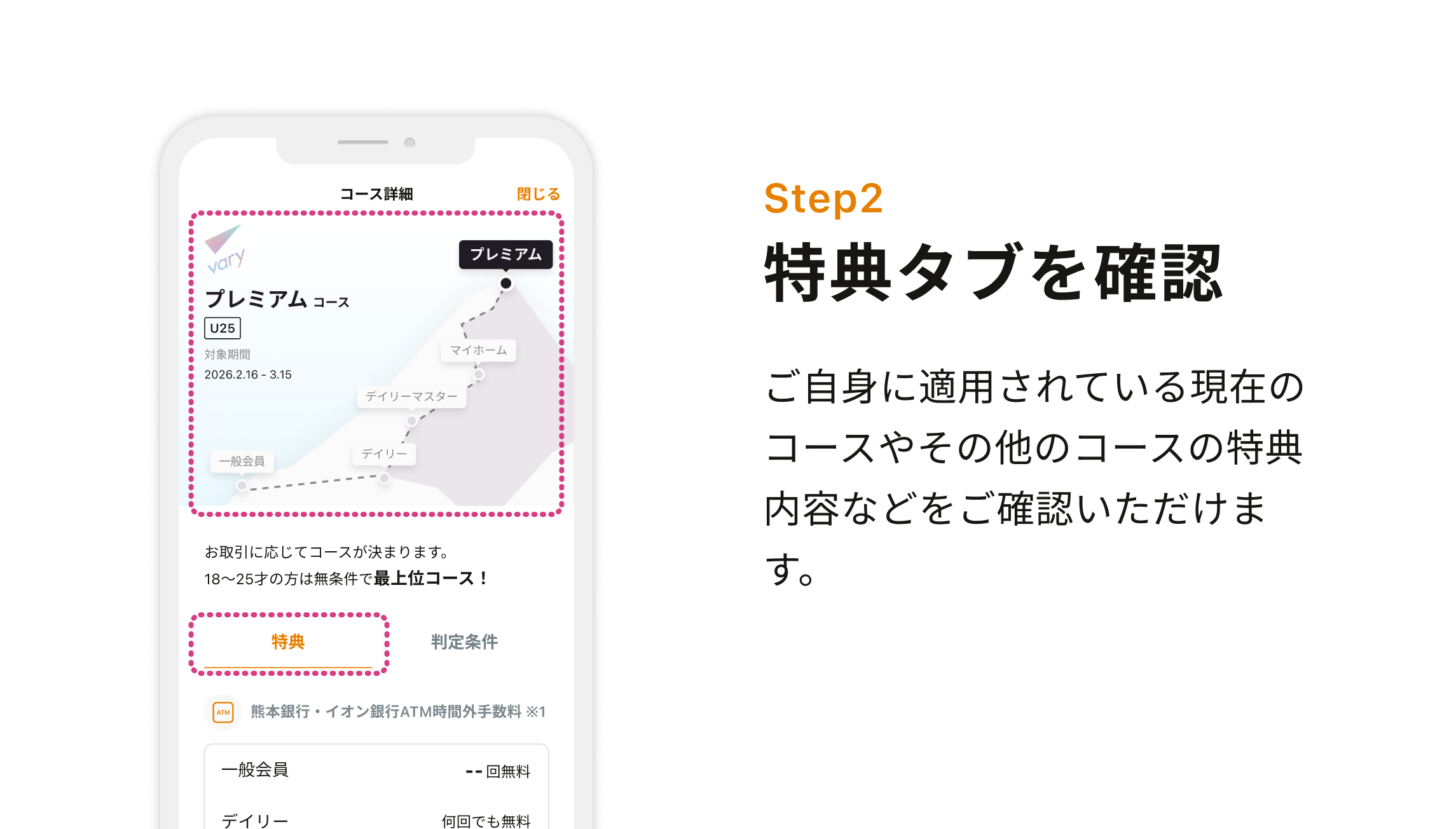 Step2 特典タブを確認 ご自身に適用されている現在のコースやその他のコースの特典内容などをご確認いただけます。