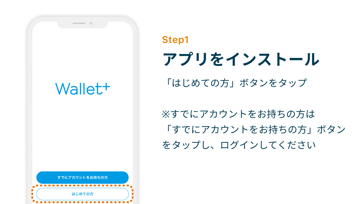 Step1 アプリをインストール　「はじめての方」ボタンをタップ