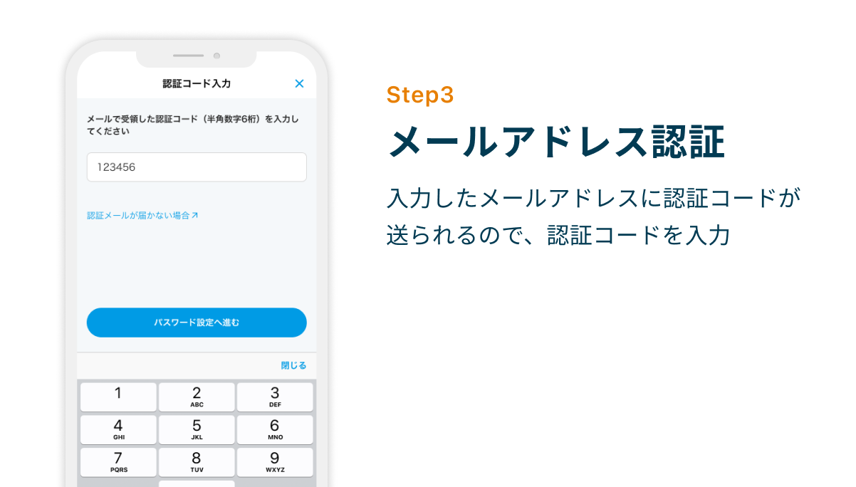 Step3 メールアドレス認証　入力したメールアドレスに認証コードが送られるので、認証コードを入力