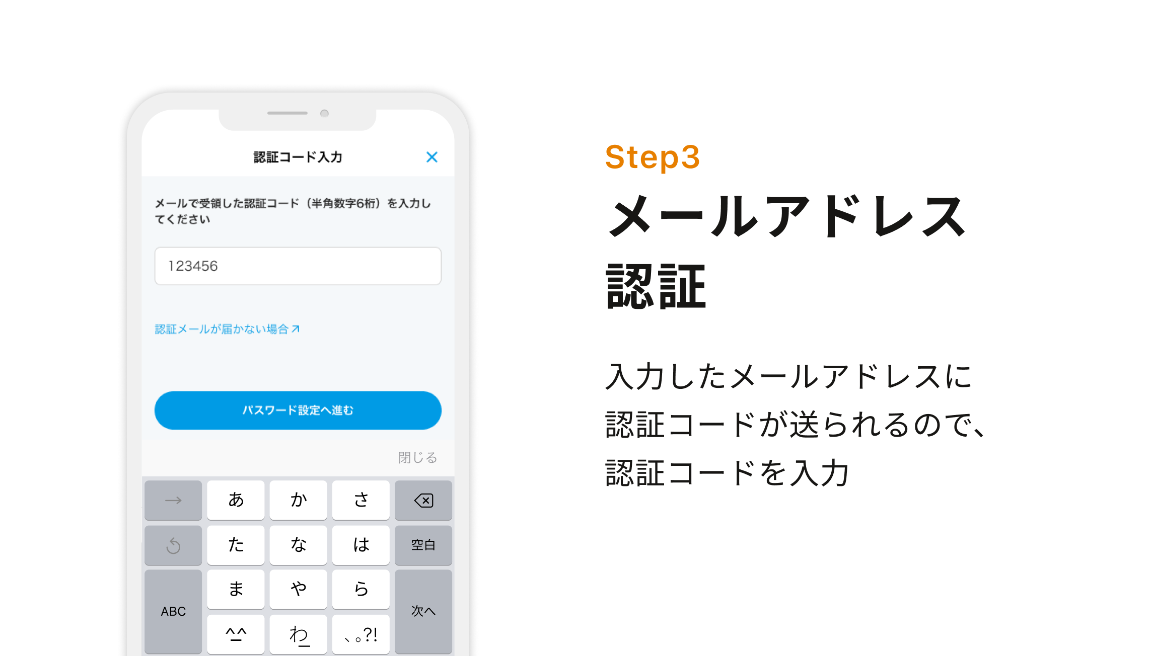 Step3 メールアドレス認証　入力したメールアドレスに認証コードが送られるので、認証コードを入力