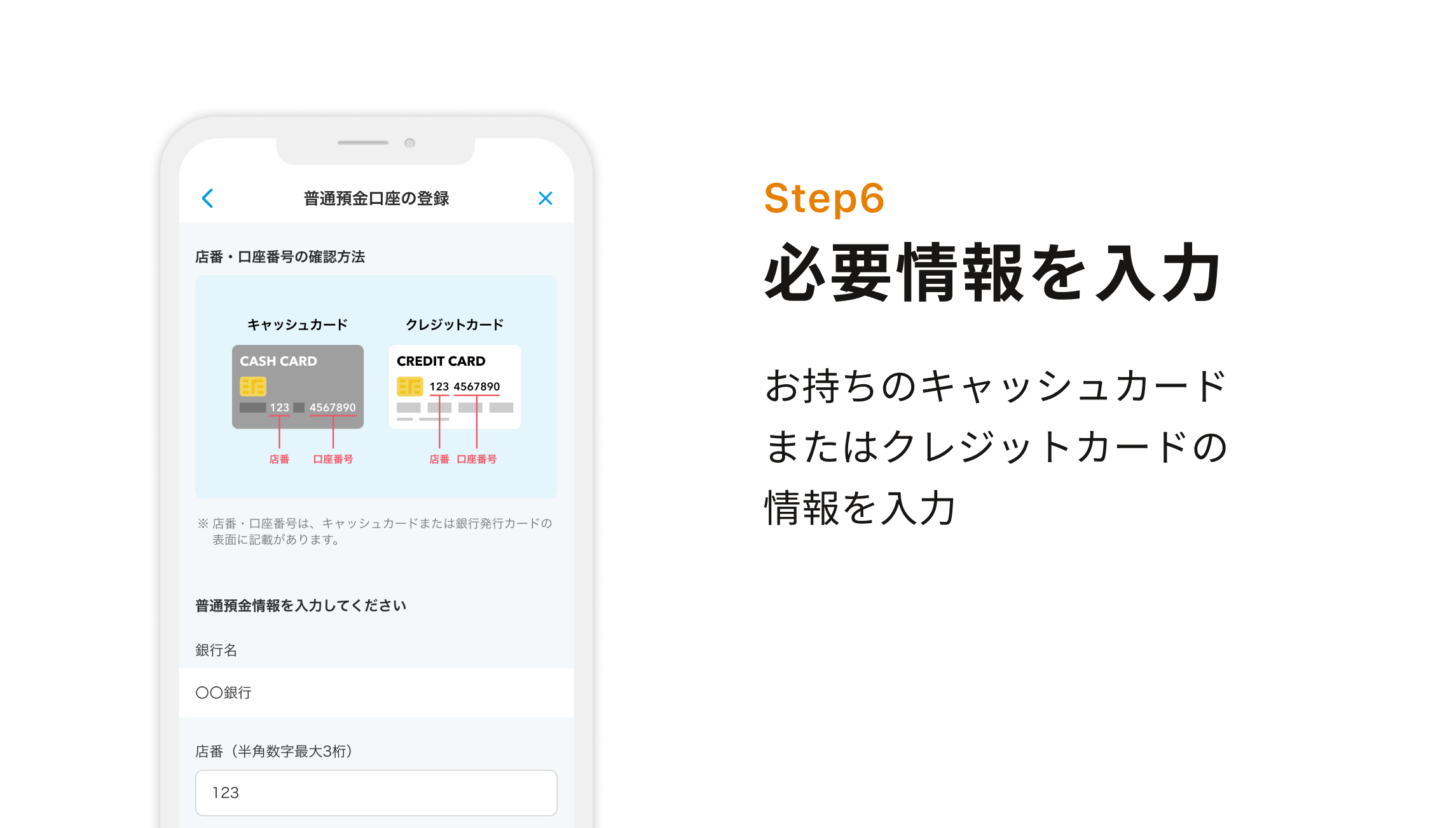 Step6 必要情報を入力　お持ちのキャッシュカードまたはクレジットカードの情報を入力