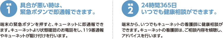 ①具合が悪いときは、緊急ボタンで即通報できます。②24時間365日いつでも健康相談ができます。