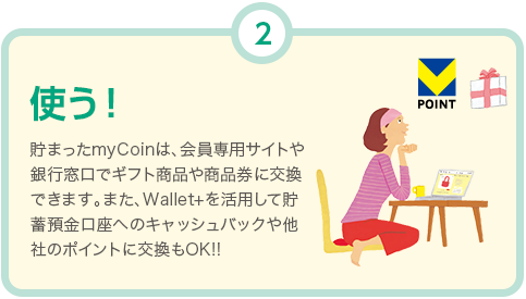 使う! 貯まったmyCoinは、会員専用サイトや銀行窓口でギフト商品や商品券に交換できます。また、Wallet+を活用して貯蓄預金口座へのキャッシュバックや他社のポイントに交換もOK!!