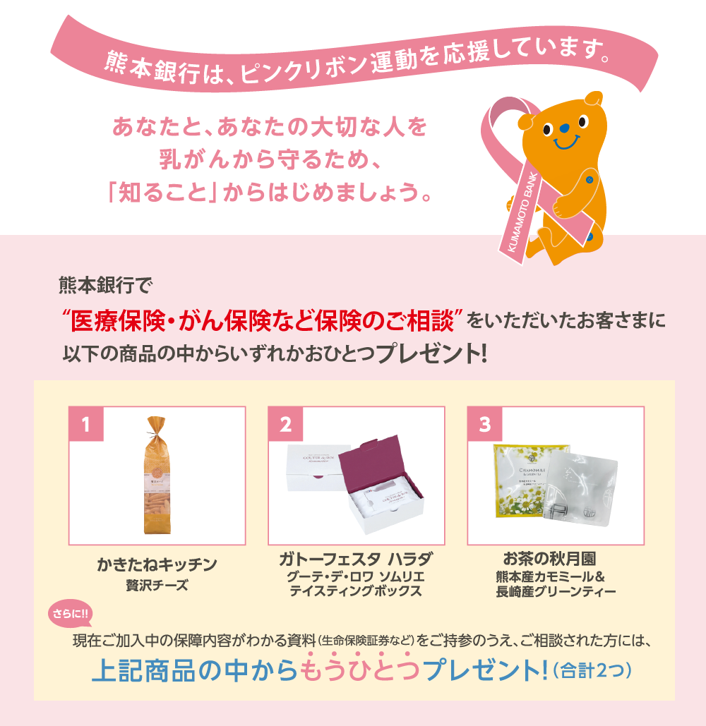 熊本銀行は、ピンクリボン運動を応援しています。あなたと、あなたの大切な人を乳がんから守るため、「知ること」からはじめましょう。