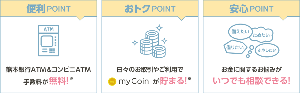 便利POINT→熊本銀行ATM＆コンビニATM手数料が無料！※ おトクPOINT→日々のお取引やご利用でmyCoinが貯まる！※ 安心POINT→お金に関するお悩みがいつでも相談できる！