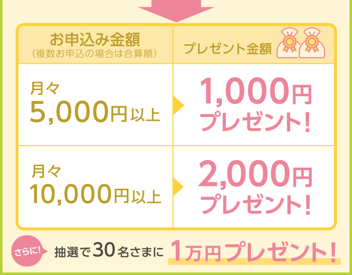 お申込み金額（複数お申込の場合は合算額）月々5,000円以上→1,000円プレゼント！／月々10,000円以上→2,000円プレゼント！／さらに！抽選で30名さまに1万円プレゼント！