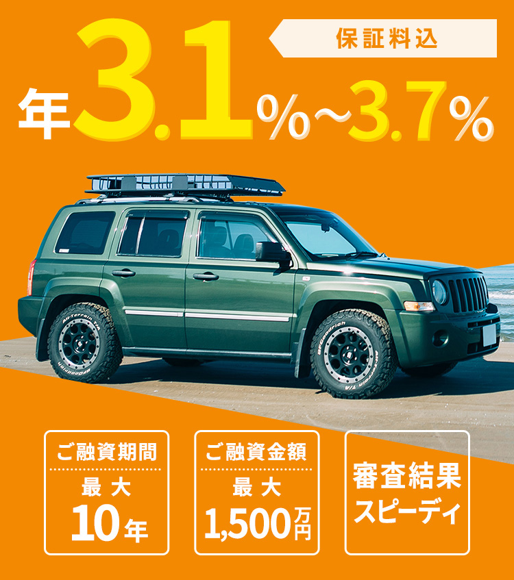 年3.1％～3.7％ 保証料込 ご融資期間 最大10年 ご融資金額 最大1,500万円 審査結果スピーディ