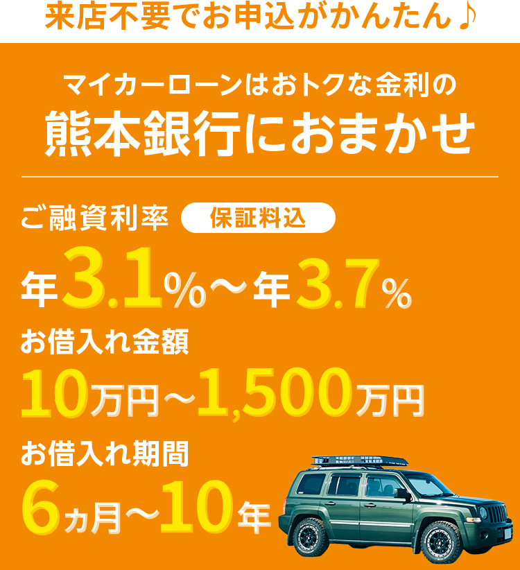 マイカーローンはおトクな金利の熊本銀行におまかせ ご融資利率 年3.1％～年3.7％ 保証料込 お借入れ金額 10万円～1,500万円 お借入れ期間 6ヵ月～10年