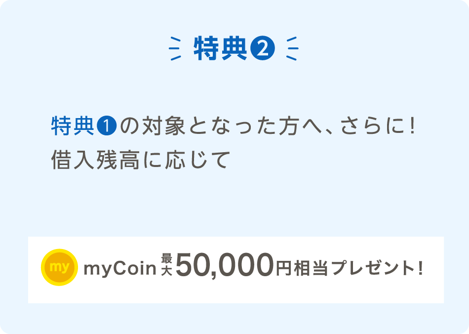 特典❷特典❶の対象となった方へ、さらに！借入残高に応じてmyCoin最大50,000円相当プレゼント！
