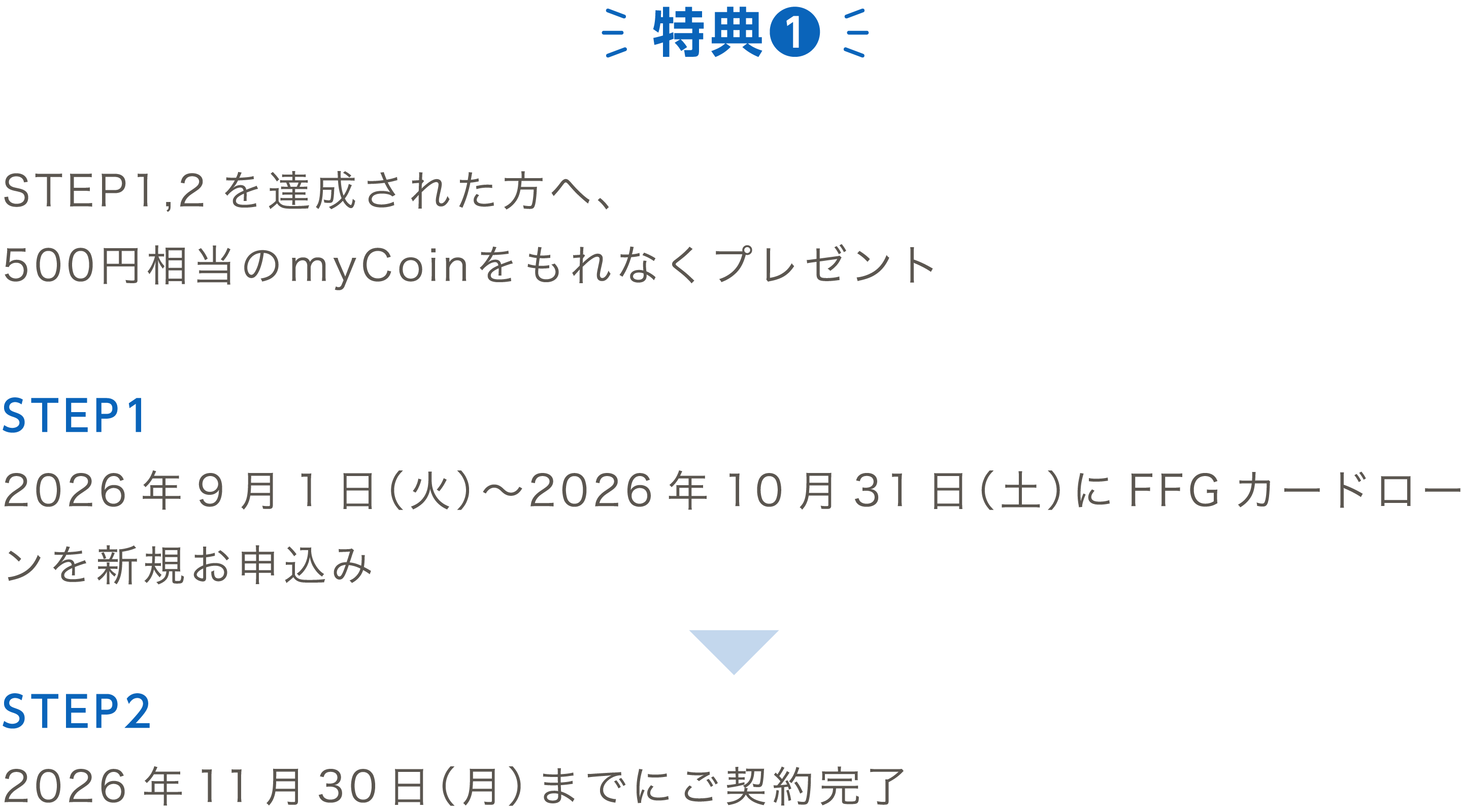 特典1：STEP1,2を達成された方へ、500円相当のmyCoinをもれなくプレゼント | STEP1：2026年9月1日（火）〜2026年10月31日（土）にFFGカードローンを新規お申込み | STEP2：2026年11月30日（月）までにご契約完了