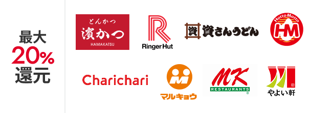 最大20%還元 とんかつ 濵かつ・リンガーハット・資さんうどん・ほっともっと・Charichari・マルキョウ・MK RESTAURANTS（MKレストラン）・やよい軒