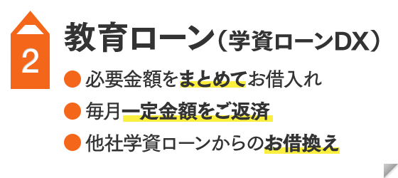 教育ローン（学資ローンDX） ●必要金額をまとめてお借入れ ●毎月一定金額をご返済 ●他社学資ローンからのお借換え